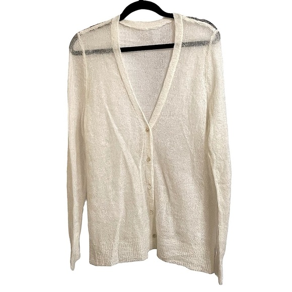 J Jill Lightweight Loose Knit Ivory Mohair Blend V Neck Cardigan Sweater Sz M/L - Picture 1 of 8